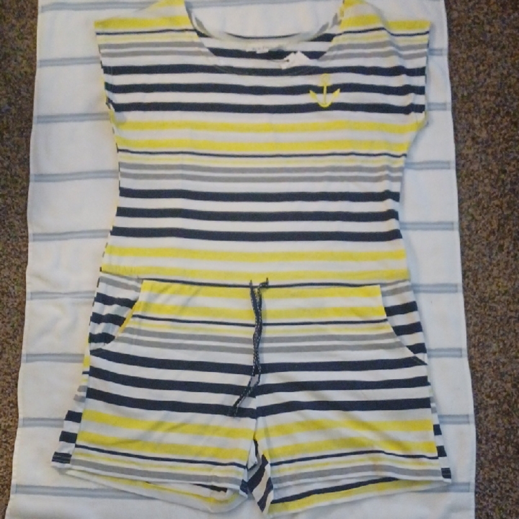 Nautical Striped Jumpsuit  Yellow Dark Blue White